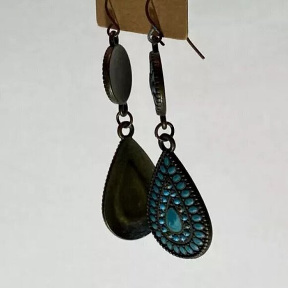 Turquoise Enamel Dangle Drop Earrings Coral Blue Bronze Tone Tear Drop 2 1/4” - Picture 7 of 10
